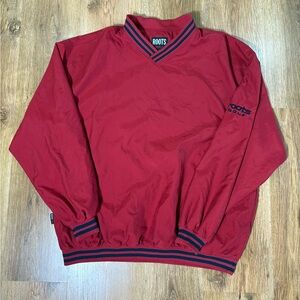 Roots Red Pullover with Navy Stripe Trim